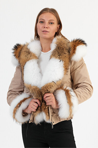 nero leather fur SU-GEÇİRMZ KISA BEJ PARKA ÖN, KAPÜŞON vE KOLLAR KÜRK DETAYLI...