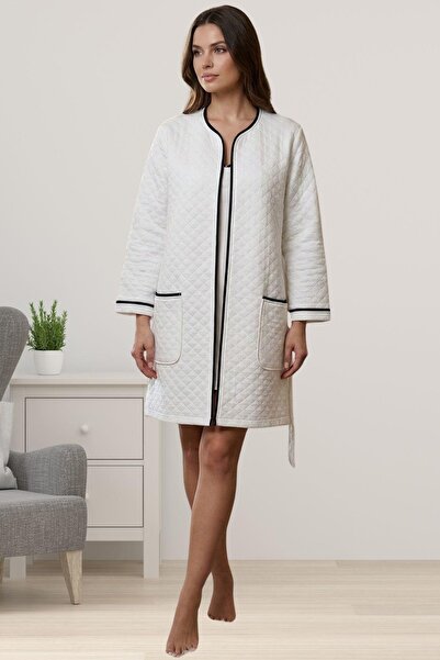 by İGP Ecru Short Quilted Long Sleeve Women's Short Dressing Gown