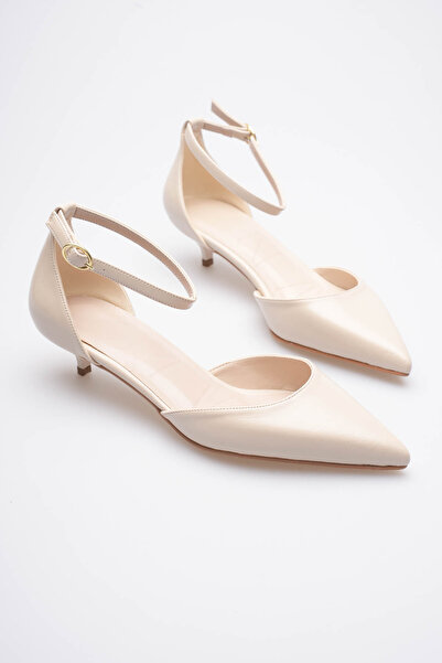 Long Star Women's Beige Faux Leather Pointed Toe Ankle Strap Short Heeled Cas...