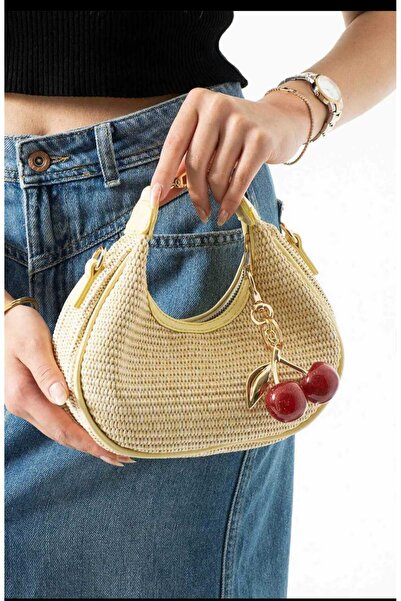 ÖZÜM TAKI Women's Cherry Charm Gift Straw Shoulder Crossbody Bag Yellow