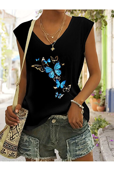 mercoledi Mix Printed Women's Oversize Sleeveless V-Neck T-Shirt