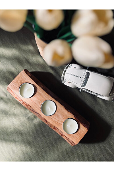 Tasarım 3'lü Ahşap Mum, Dekoratif Mum, Mumluk, Doğal Ahşap Görünümlü Mum