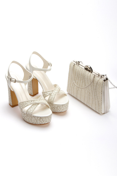 Melvoria Pearl Stone Embellished Platform Heels Wedding Dress Evening Dress S...