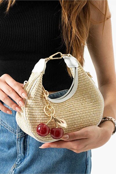 ÖZÜM TAKI Women's Cherry Charm Gift Straw Shoulder Crossbody Bag White