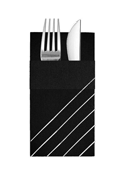 Story مناديل ورقية سوداء اللون مقاس 40×40 سم بنمط خطوط فضية مع 16 جيبًا