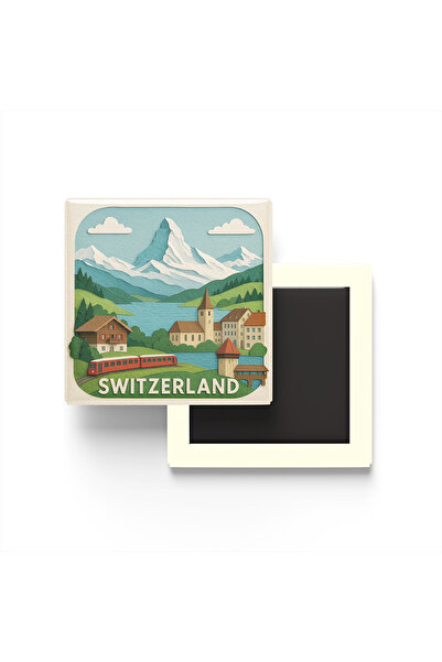 iBerk İsviçre - Switzerland - Paper Cut Art - Baskılı Buzdolap Magneti Kare -...
