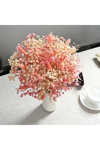 Dekora Çiçek Kurutulmuş Cipso ve Pembe Pamuk Otu Tavşan Kuyruğu Gelin Buketi ...