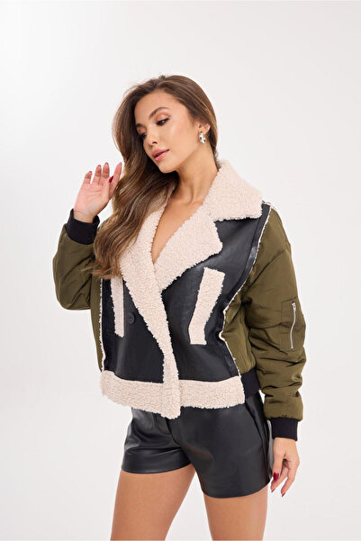 yor garment Kadın Kürk Detaylı Oversize Deri Bomber Ceket