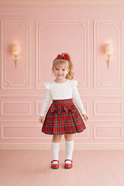 NA ADDESIGN Set fustă în carouri și bluză cu mânecă lungă pentru fete – Roșu