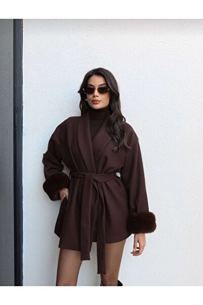 kendii modamm Kadın Kahverengi Şal Yaka Kemerli Kürk Manşetli Kaban | Mevsiml...