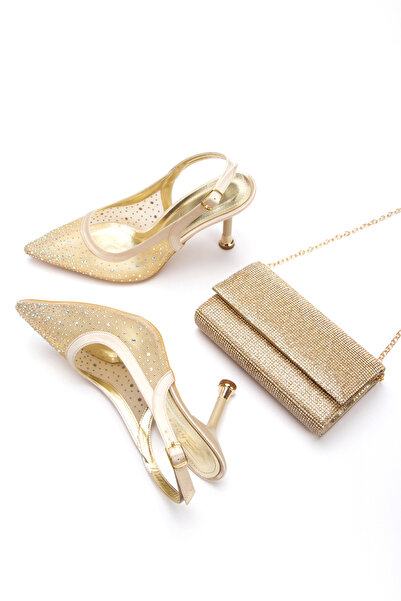 Melvoria Women's Stoned Transparent Mesh Evening Dress Shoes and Stoned Bag Set