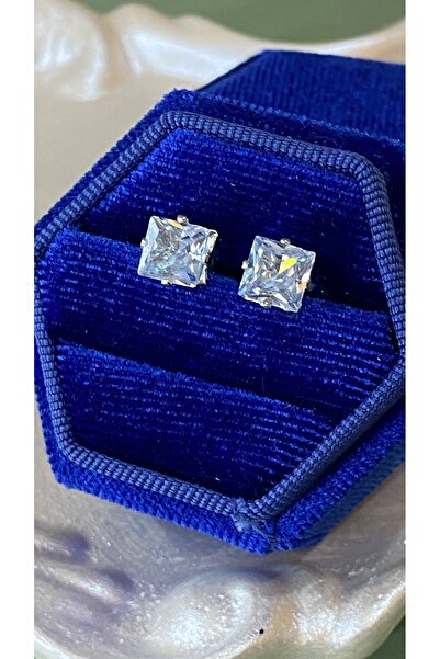 SELUVİA Square Stone Stud Earrings |   Steel Women's Shiny Stone Silver Color...