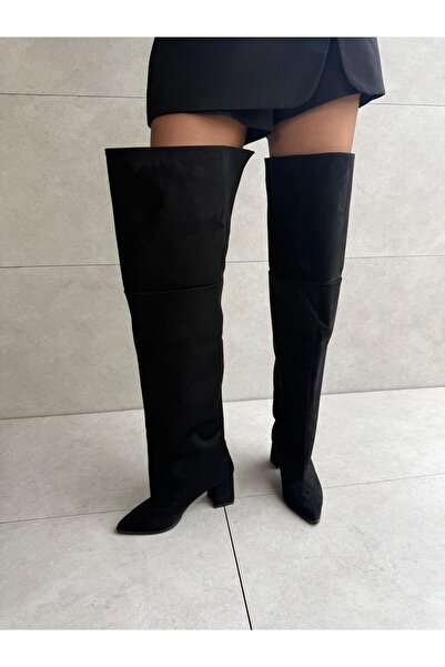 Elvinin Tarzı Morgan Black Suede Extra Wide XL Over-The-Knee Boots