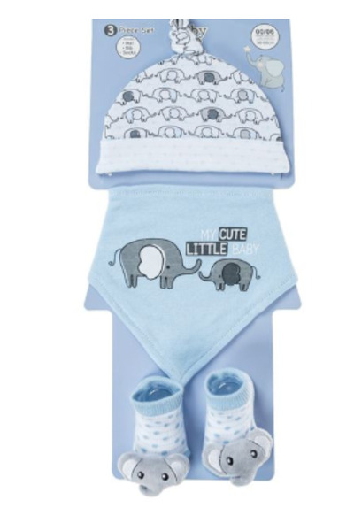 Tessari Set căciulă, bavetă și șosete cu model 3D de elefant, albastru deschis