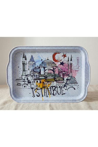Zera Dizayn Zera İstanbul Silüeti Desenli Dekoratif Metal Servis Tepsisi