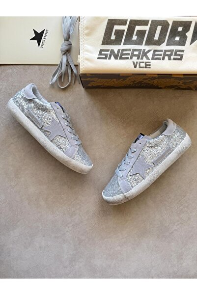 YONCA OUTLET Kadın Gümüş Simli Sneaker Yıldız Detaylı – Günlük Rahat Spor Aya...