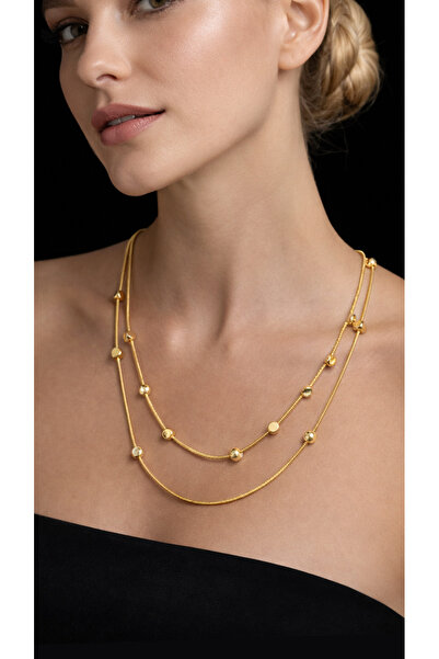 liore dünyası Çelik Gold Renk Çift Sıra Top Detaylı Kolye