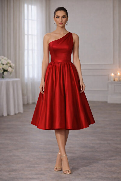 MODA One-Shoulder Red Midi Dress