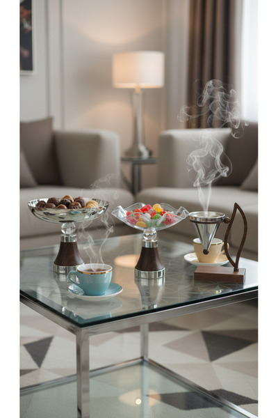 Generic Luxury dessert serving set with an elegant incense burner in a modern...