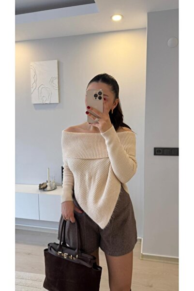 Yaren Aydın Kadın Bardot Yaka Asimetrik Kesim Panço Kazak