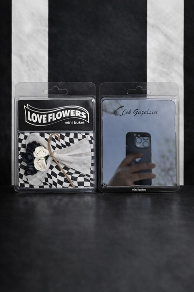 NPCQUN Siyah Beyaz Tutku Temalı Aynalı Mini Buket – Kişiye Özel Hediye