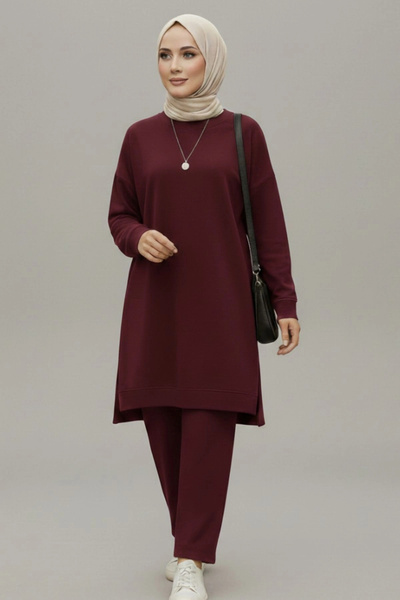 MetuCA Women's Burgundy Crew Neck Side Slit Tunic Trousers Modal Fabric Two-P...