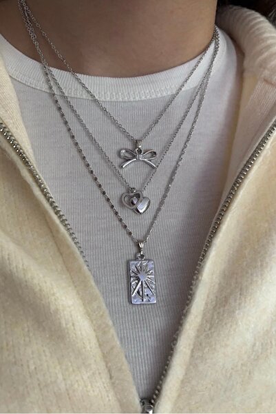 stravis طقم قلادة من 3 قطع متعددة الأشكال باللون الفضي