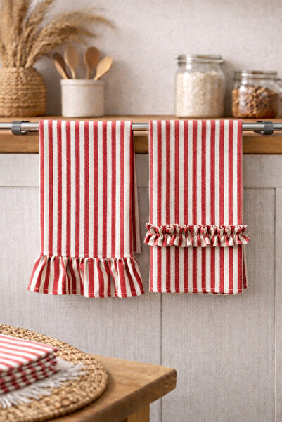 Mirilliahome Cotton Linen Ruffled Kitchen Towel Set of 2 35X55 cm Natural Dry...