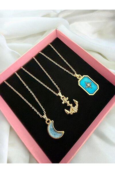 Madam Bikan طقم قلادة على شكل نجمة قطبية وقمر أزرق مكون من 3 قطع باللون الذهبي