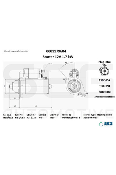 SEG Automotive Starter Audi A3 Seat Leon 2012-2024
