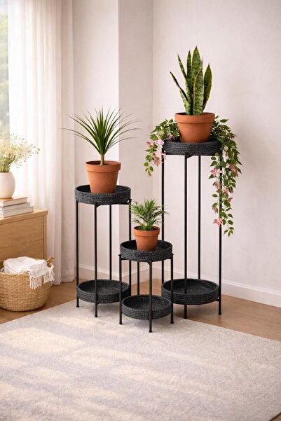 ELF CONSEPT 3 Lü Metal Yuvarlak Siyah Çiçeklik Seti Saksılık Antrasit