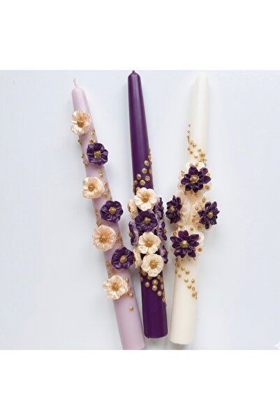 inrobert El Yapımı 3’lü Çiçekli Şamdan Mumu Seti - Lila Mor Krem