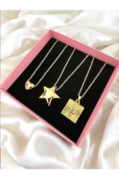 Madam Bikan Gold Renk Minimal Kalp Balon Yıldız Yılan Detaylı 3 Lü Set Kolye
