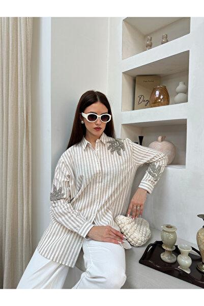 MİA NOURA Women's Oversize Shirt with Beaded Front and Sleeves