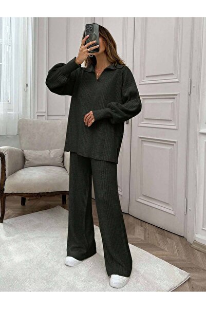 MARLİNG V-Neck Acrylic Fabric Knitwear Suit Black