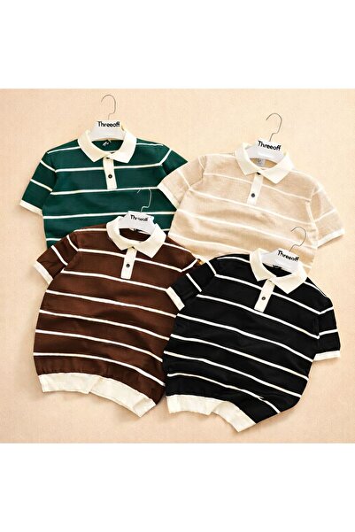 threeoff تيشيرت محبوك من 4 قطع من الفئة الممتازة مع تفاصيل ياقة مميزة