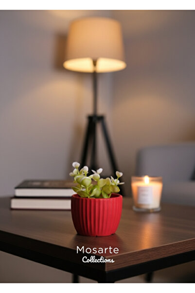 Mosarte Striped Design Round Mini Plaster Vase / Decorative Object - Red Color