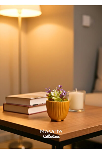 Mosarte Striped Design Round Mini Plaster Vase / Decorative Object - Gold Color