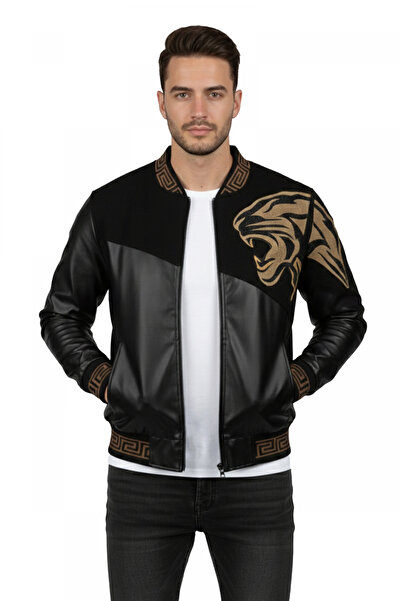 DeepSEA Black Slim Fit Men's Faux Leather Jacket / Coat with Printed Stone Em...