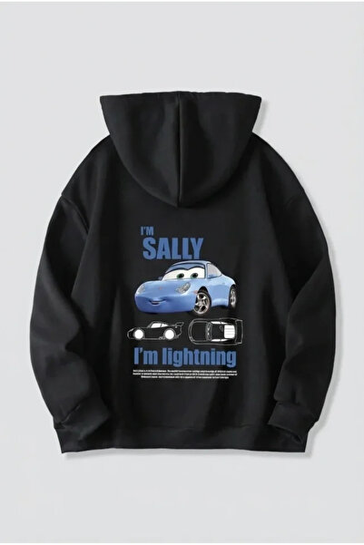 JANES Valentine's Day Special Hooded Car Printed Oversized Sweatshirt - Black