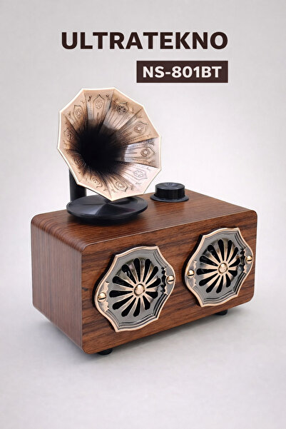 ULTRATEKNO NS-801BT Gerçek Ahşap Gramofon Görünümlü Bluetooth Hoparlör & Nost...