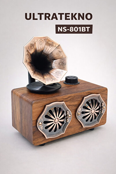 ULTRATEKNO NS-801BT Gerçek Ahşap Gramofon Görünümlü Bluetooth Hoparlör & Nost...