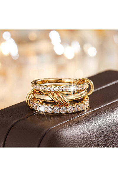 Choice 6 R05563-1-01-5 خاتم مجوهرات أنيق ثنائي اللون بأربعة حلقات، مضاد للحسا...