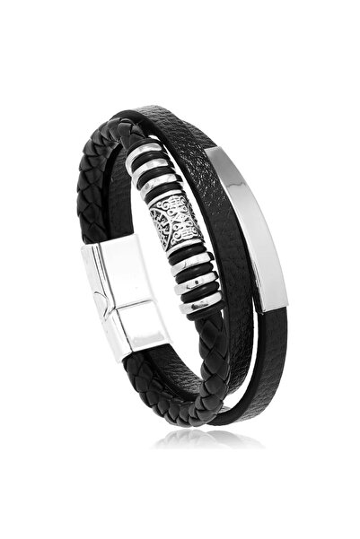 Choice سوار جلدي عصري للرجال بطول 21 سم، سوار من الفولاذ المقاوم للصدأ بطول 2...