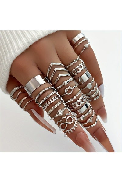 Choice JZ-2048-Silver طقم خواتم بوهيمية هندسية مكون من 30 قطعة للنساء، لون ذه...