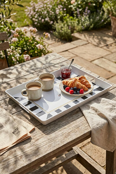 Vivenca Çizgili Desenli Servis Tepsisi 38x28x3,5 cm, Siyah-Beyaz