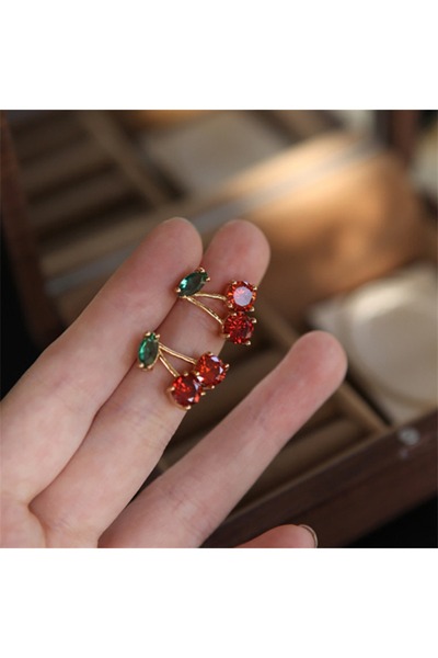 Choice Rose Red Gold-color Cute Red Zircon Cherry Leaf Stud Earrings Women Pi...