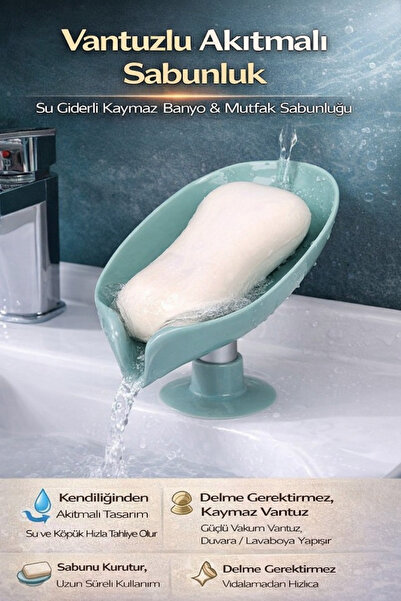 Hane Dostu Vantuzlu Akıtmalı Sabunluk Su Giderli Kaymaz Banyo & Mutfak Sabunluğu