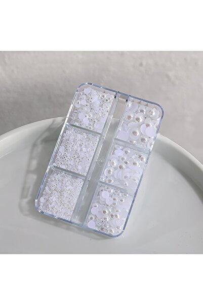 Choice لآلئ أظافر بيضاء مسطحة الظهر بستة مربعات، لون أبيض/بيج، لتزيين فن الأظ...