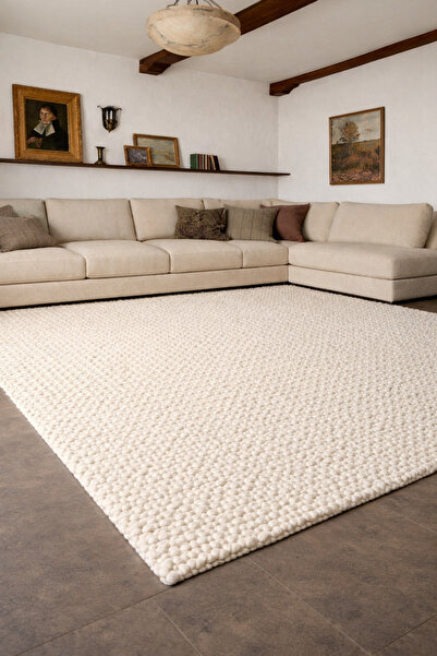 Vog Halı Emma El Dokuma Krem Düz İskandinav Örgü Dokulu Yünlü Havsız Modern Y...
